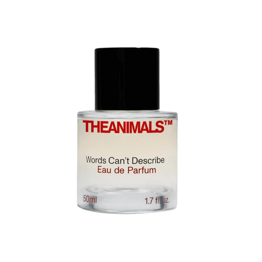 Studio image of The Animals "Words Can't Describe" perfume. Clean bottle with bold logo, unisex scent. Studioaufnahme von „Words Can't Describe“ Parfum von The Animals. Klarer Flakon mit Unisex-Duft. Visuel studio du parfum "Words Can't Describe" de The Animals. Flacon épuré et senteur unisexe.