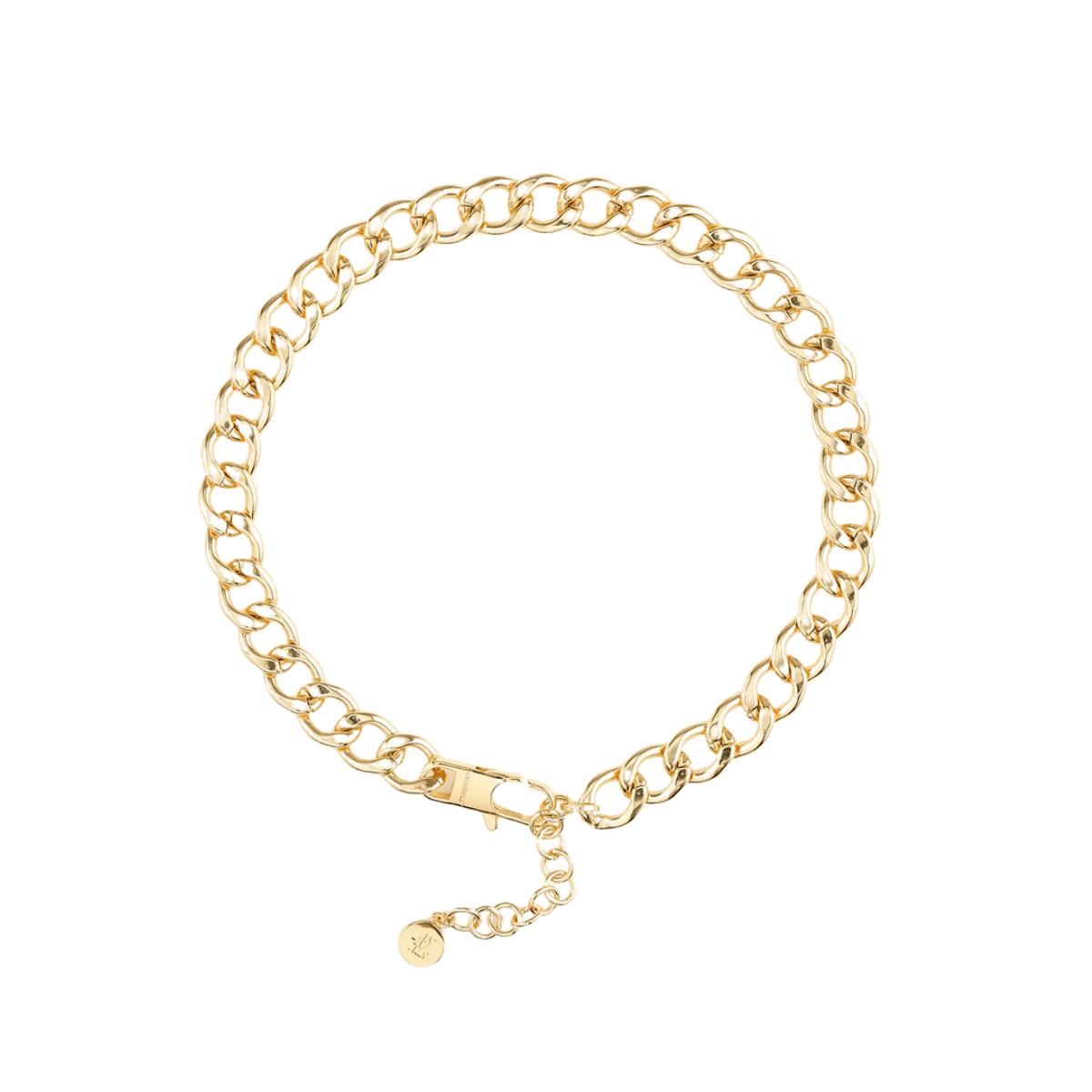 The Animals chunky gold curb chain necklace with adjustable clasp, shown on white background.
Die goldene The Animals Panzerkette mit verstellbarem Verschluss auf weißem Hintergrund.
Le collier gourmette doré The Animals avec fermoir réglable présenté sur fond blanc.