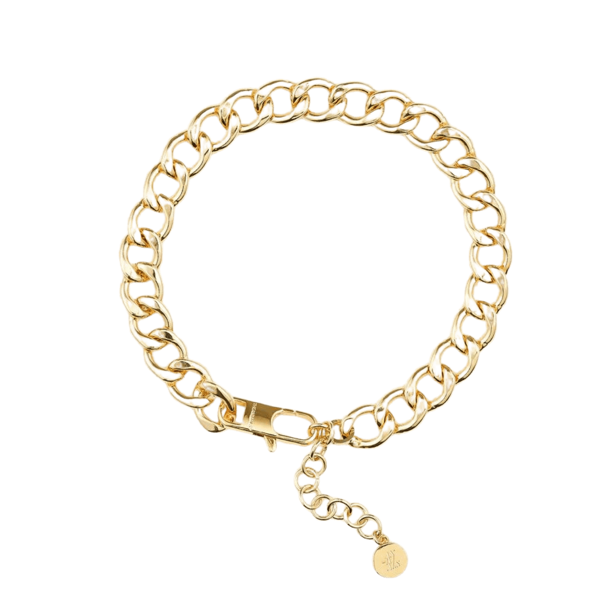 The Animals chunky gold curb chain bracelet with adjustable clasp, isolated on white background.
Die goldene The Animals Panzerarmband mit verstellbarem Verschluss, freigestellt auf weißem Hintergrund.
Le bracelet gourmette doré The Animals avec fermoir réglable, sur fond blanc.