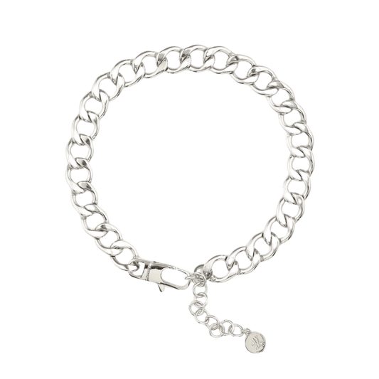 The Animals curb chain collar laid flat to show structure, with signature clasp and logo charm.
Gliederhalsband von The Animals flach ausgelegt mit typischem Verschluss und Logo-Anhänger.
Collier gourmette de The Animals à plat avec fermoir signature et médaille logo.