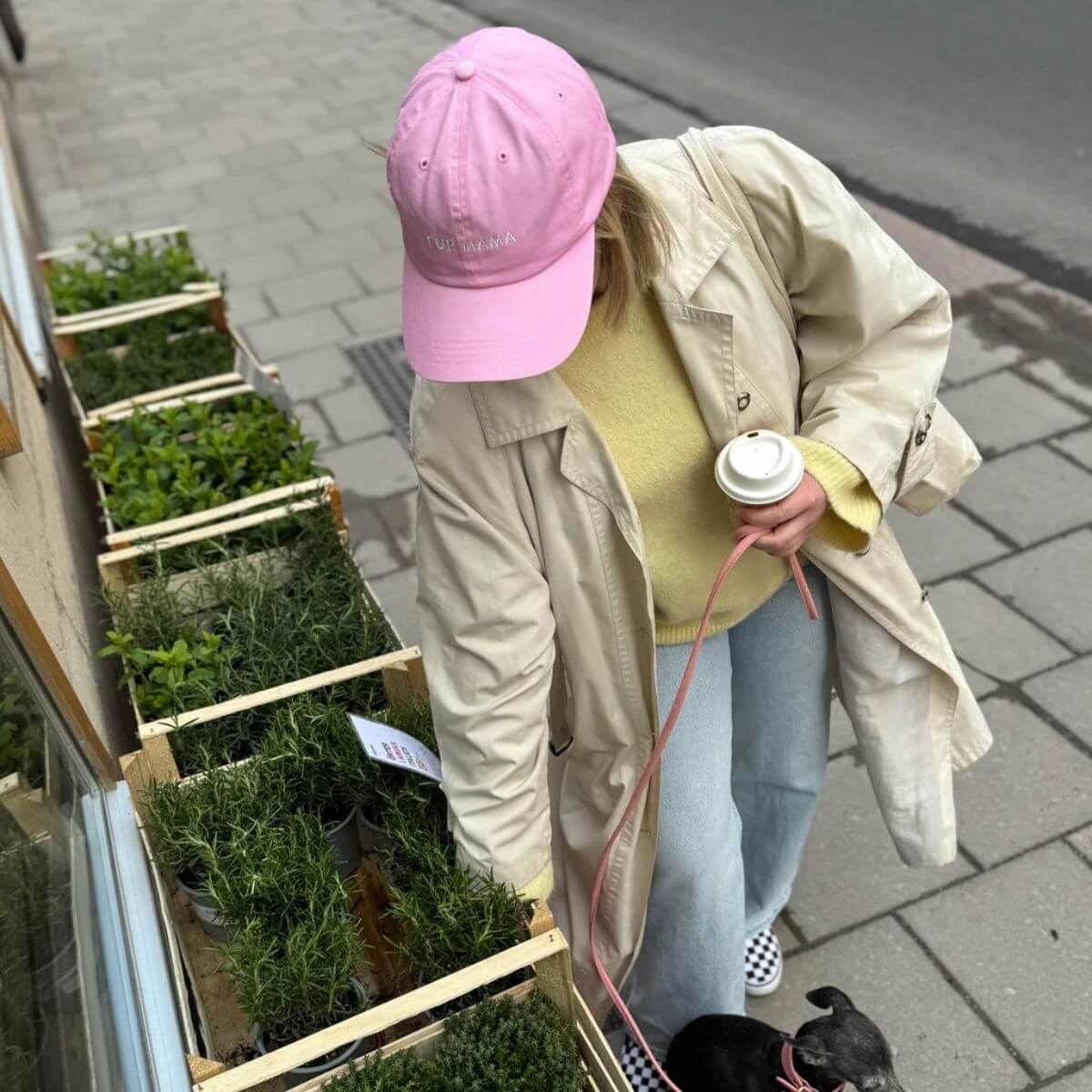 Woman wearing a pink "FUR MAMA" baseball cap from Collar of Sweden walking her dog with a coffee in her hand – Femme portant une casquette rose "FUR MAMA" de Collar of Sweden, promenant son chien avec un café à la main – Frau mit rosa „FUR MAMA“-Basecap von Collar of Sweden, spaziert mit ihrem Hund und hält einen Kaffee in der Hand.