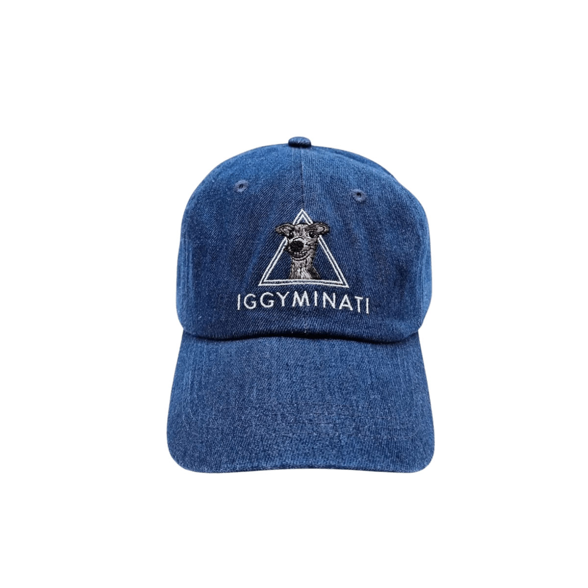 Blue washed denim "IGGYMINATI" cap with embroidered Italian Greyhound by Collar of Sweden, designed for Italian Greyhound dog owners and lovers – Casquette bleue en denim délavé "IGGYMINATI" avec un lévrier italien brodé, signée Collar of Sweden, conçue pour les propriétaires et amoureux de lévriers italiens – Blaue „IGGYMINATI“-Kappe aus gewaschenem Denim mit gesticktem Windhund von Collar of Sweden, für Liebhaber und Besitzer italienischer Windhunde